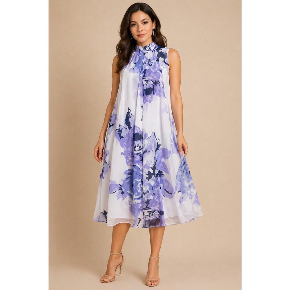 Signature by Robbie Bee Size 8 Purple Floral Chiffon A-Line Sleeveless Dress